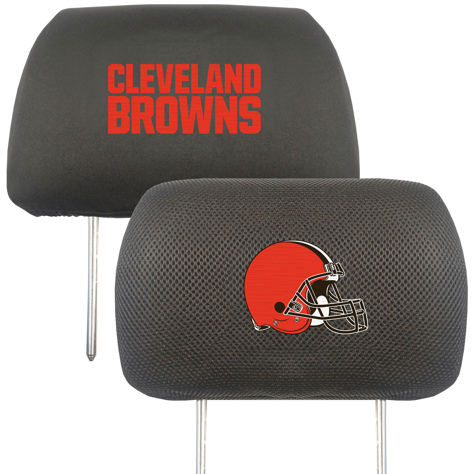 NFL 2-PC Car Headrest Cover Set featuring embroidered team logos and names, made from soft polyester and breathable mesh materials.