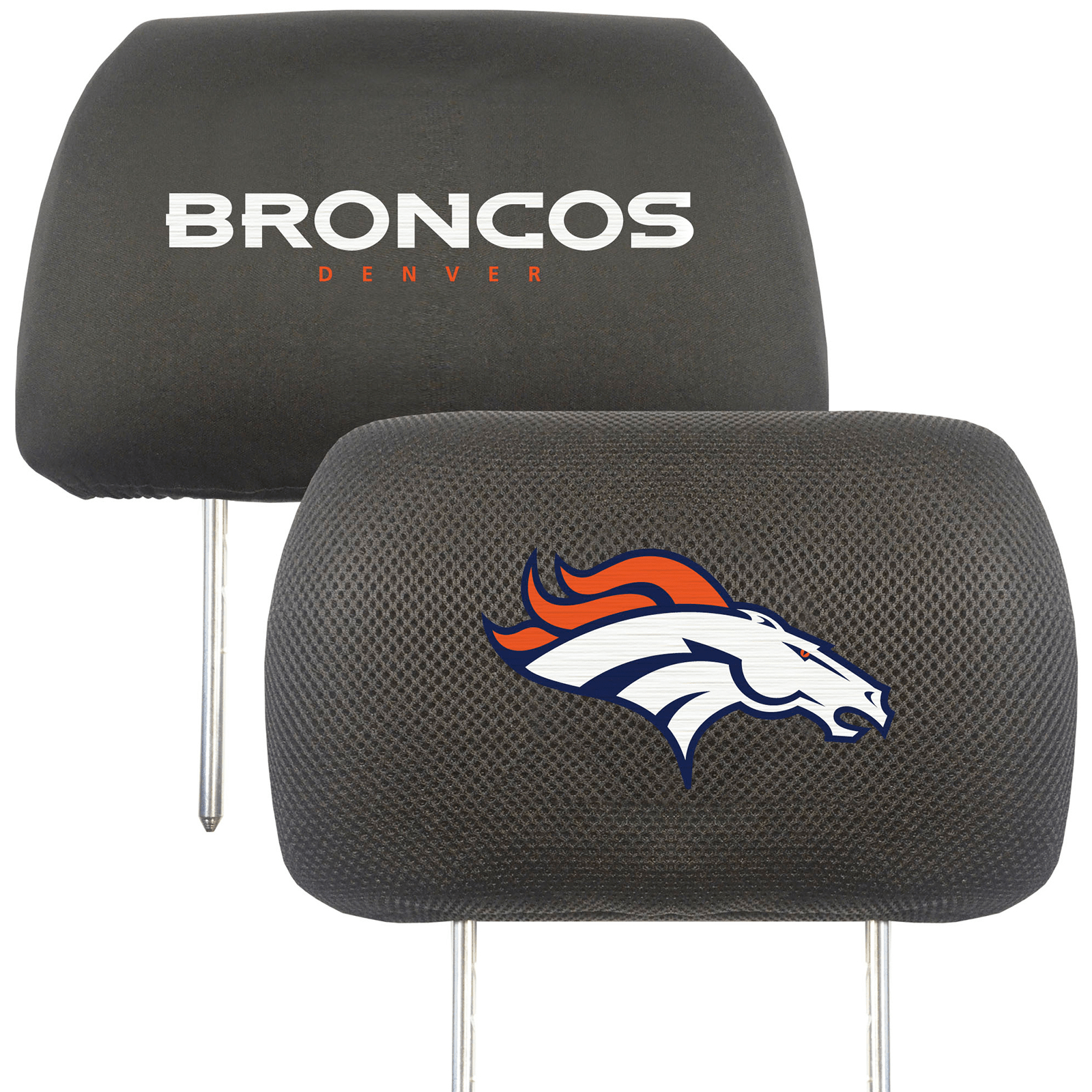 NFL 2-PC Car Headrest Cover Set featuring embroidered team logos and names, made from soft polyester and breathable mesh materials.