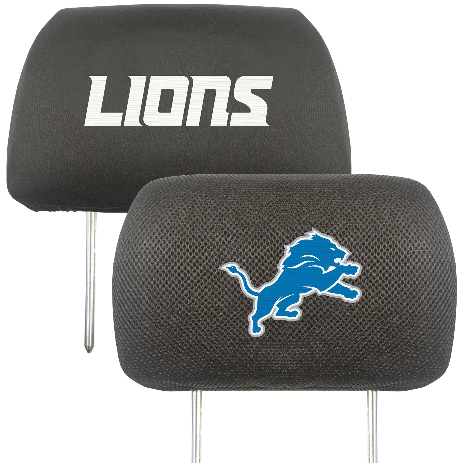 NFL 2-PC Car Headrest Cover Set featuring embroidered team logos and names, made from soft polyester and breathable mesh materials.