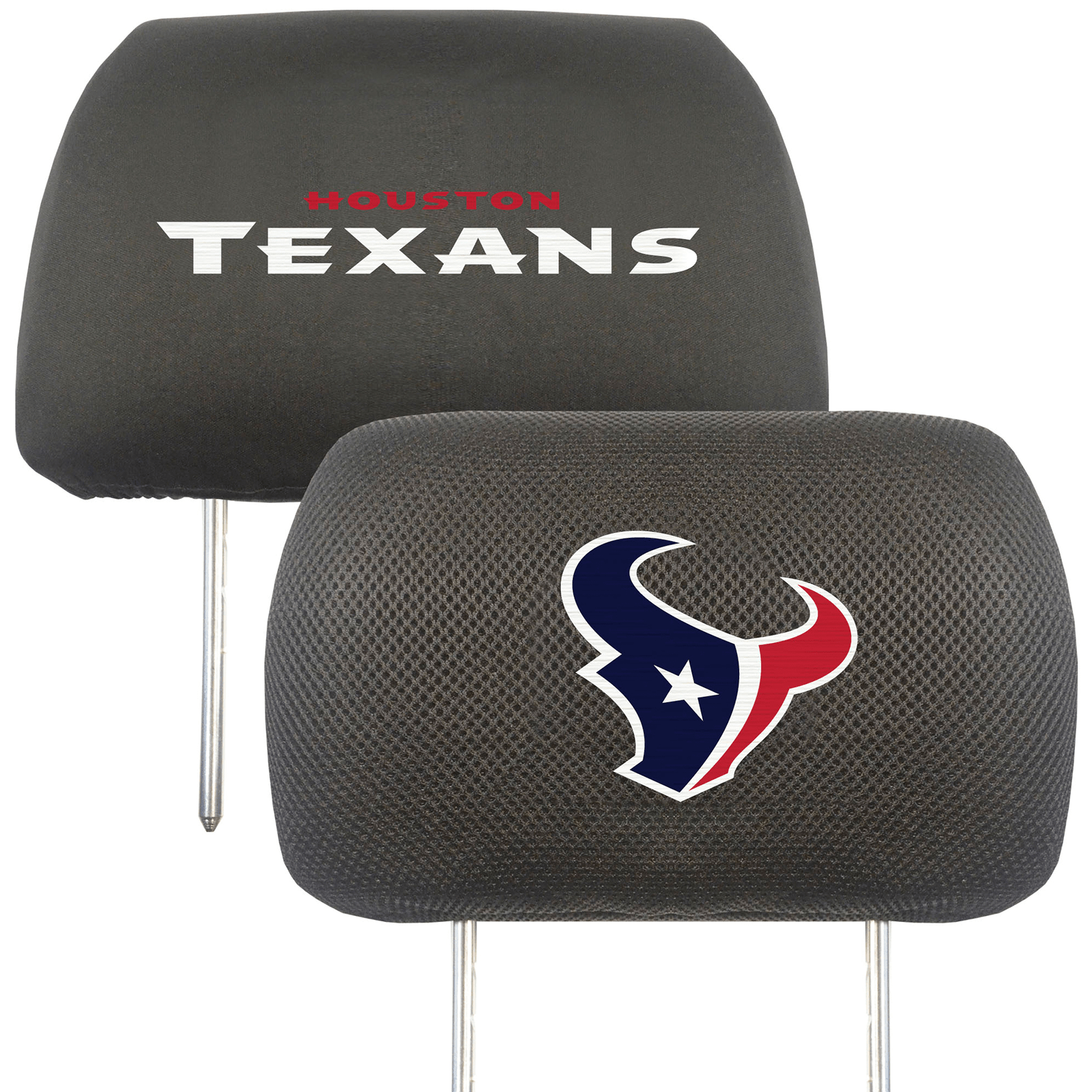 NFL 2-PC Car Headrest Cover Set featuring embroidered team logos and names, made from soft polyester and breathable mesh materials.