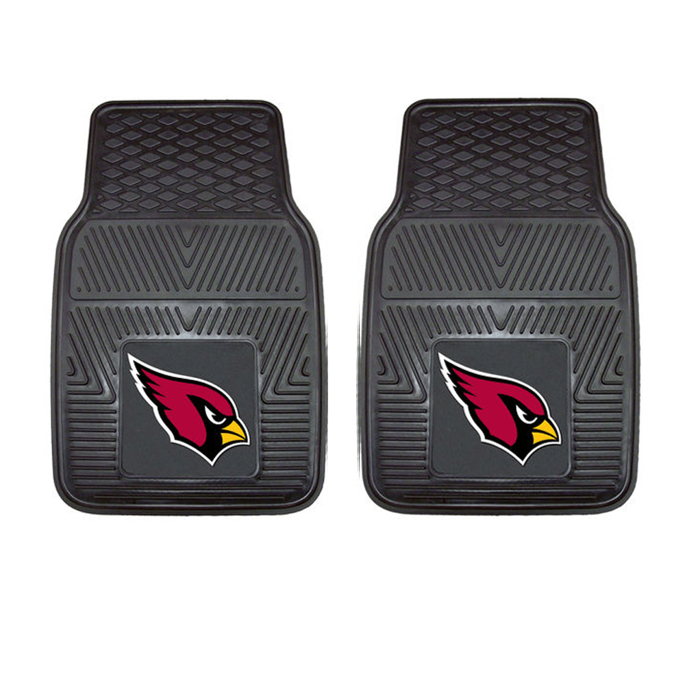 NFL 2-PC Vinyl Car Mat Set featuring colorful team logos and heavy-duty construction, designed to protect vehicle flooring.