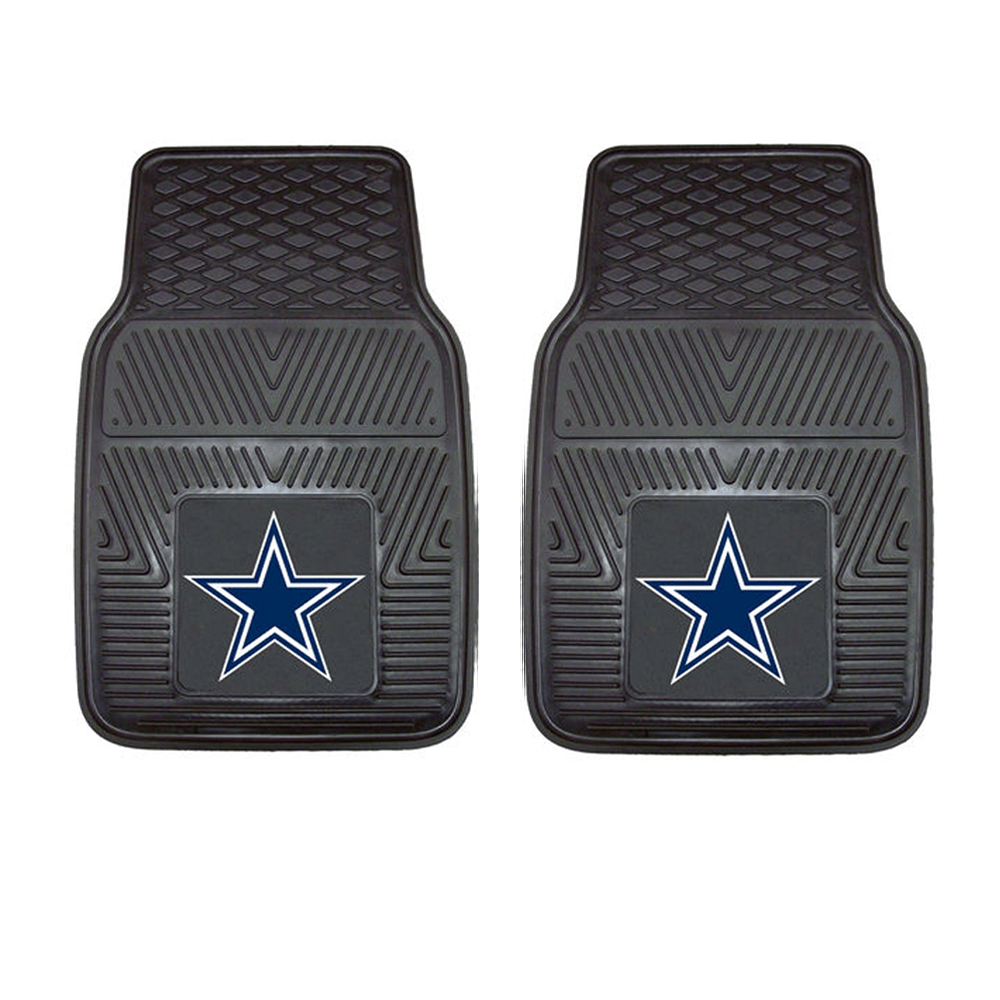 NFL 2-PC Vinyl Car Mat Set featuring colorful team logos and heavy-duty construction, designed to protect vehicle flooring.