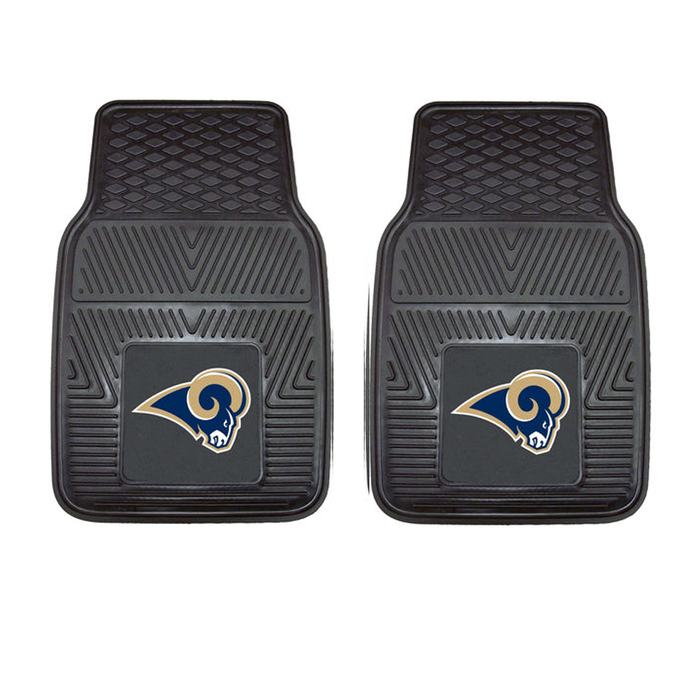 NFL 2-PC Vinyl Car Mat Set featuring colorful team logos and heavy-duty construction, designed to protect vehicle flooring.