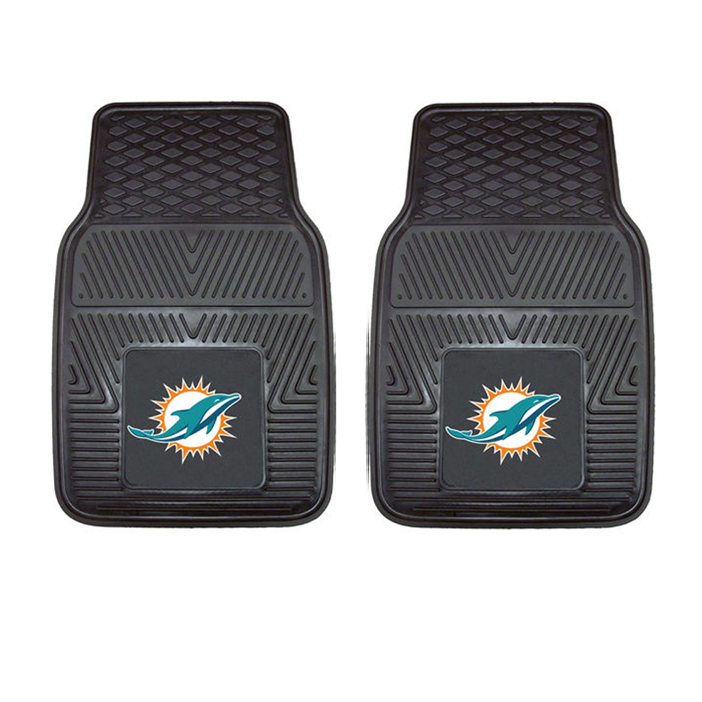 NFL 2-PC Vinyl Car Mat Set featuring colorful team logos and heavy-duty construction, designed to protect vehicle flooring.