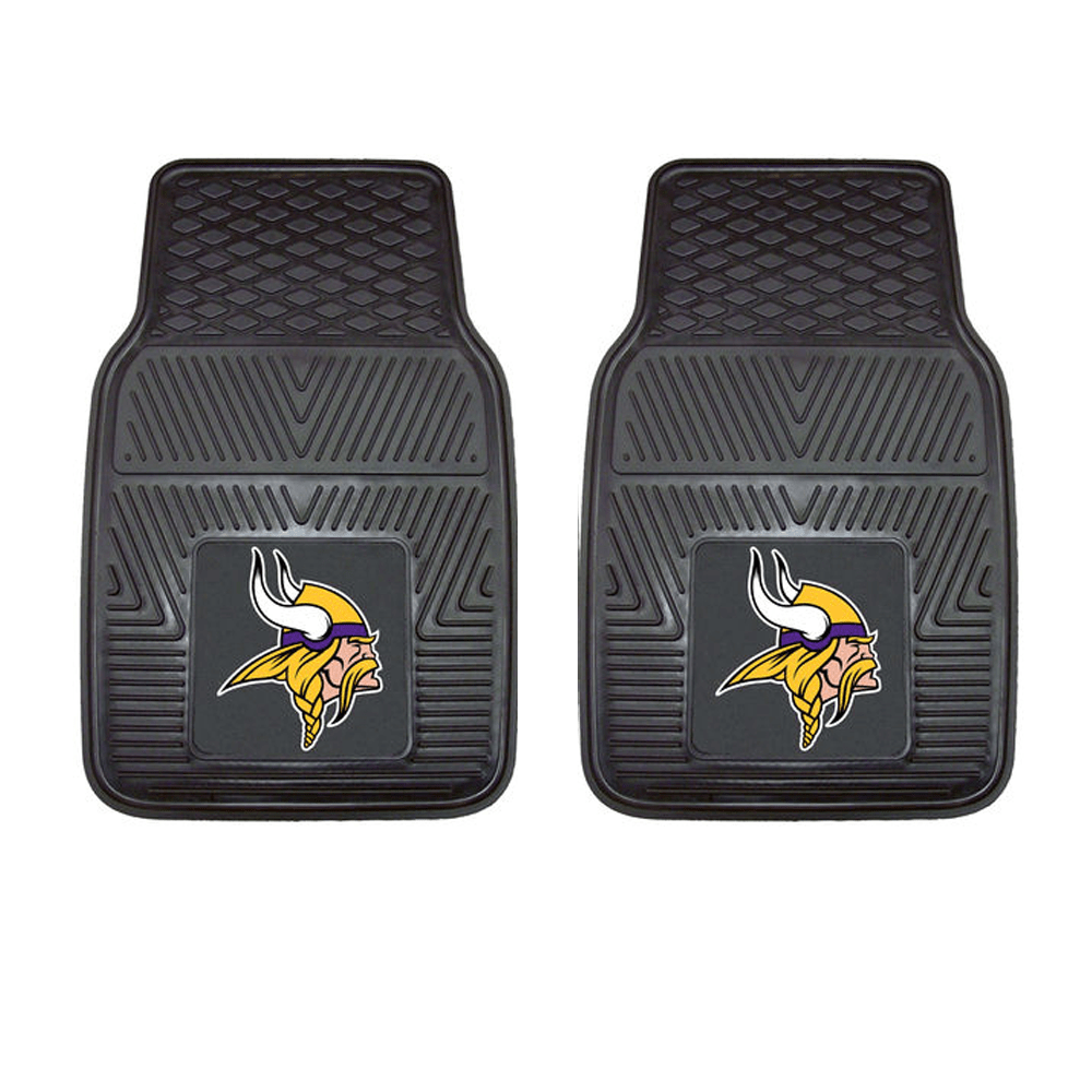 NFL 2-PC Vinyl Car Mat Set featuring colorful team logos and heavy-duty construction, designed to protect vehicle flooring.