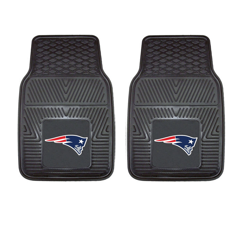 NFL 2-PC Vinyl Car Mat Set featuring colorful team logos and heavy-duty construction, designed to protect vehicle flooring.