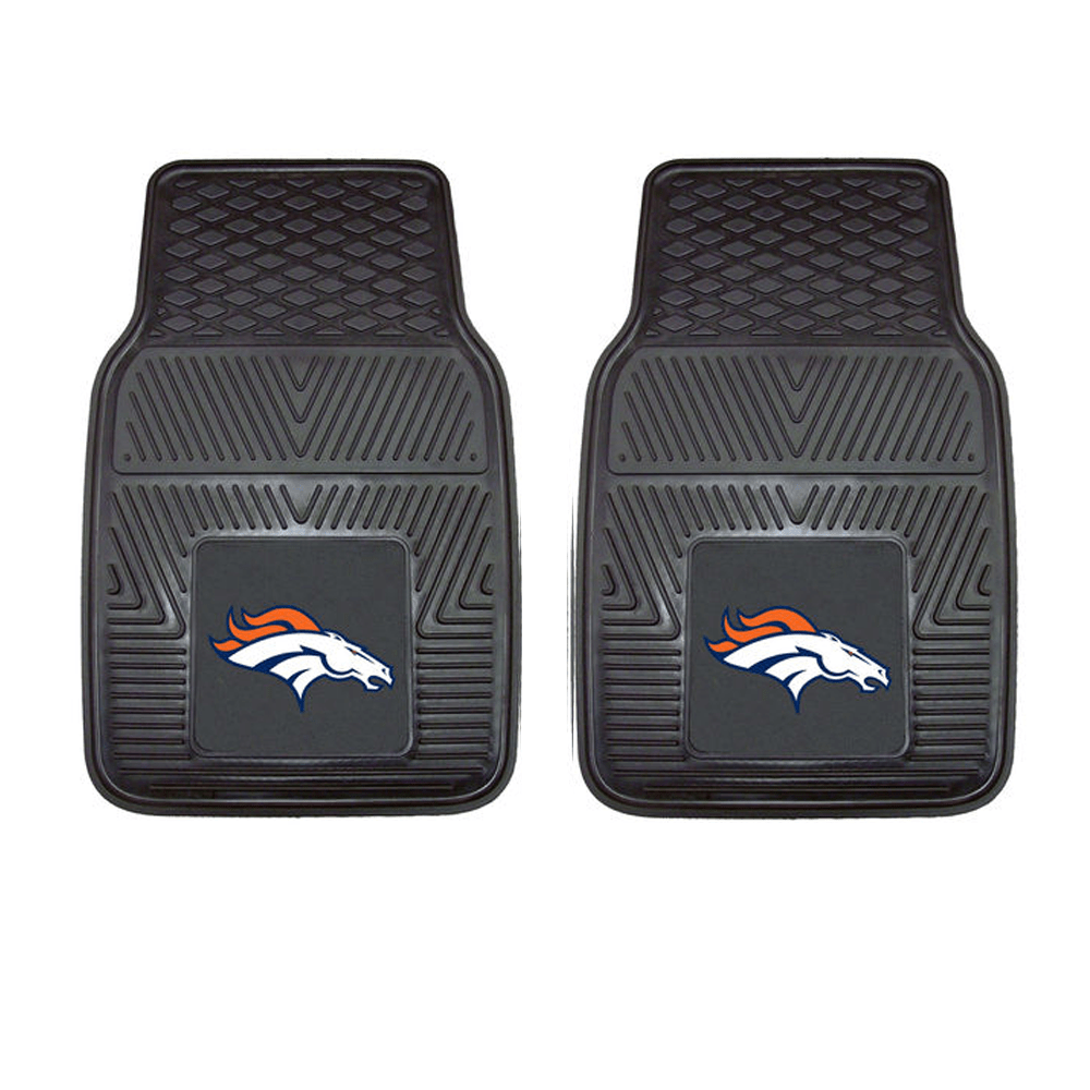 NFL 2-PC Vinyl Car Mat Set featuring colorful team logos and heavy-duty construction, designed to protect vehicle flooring.