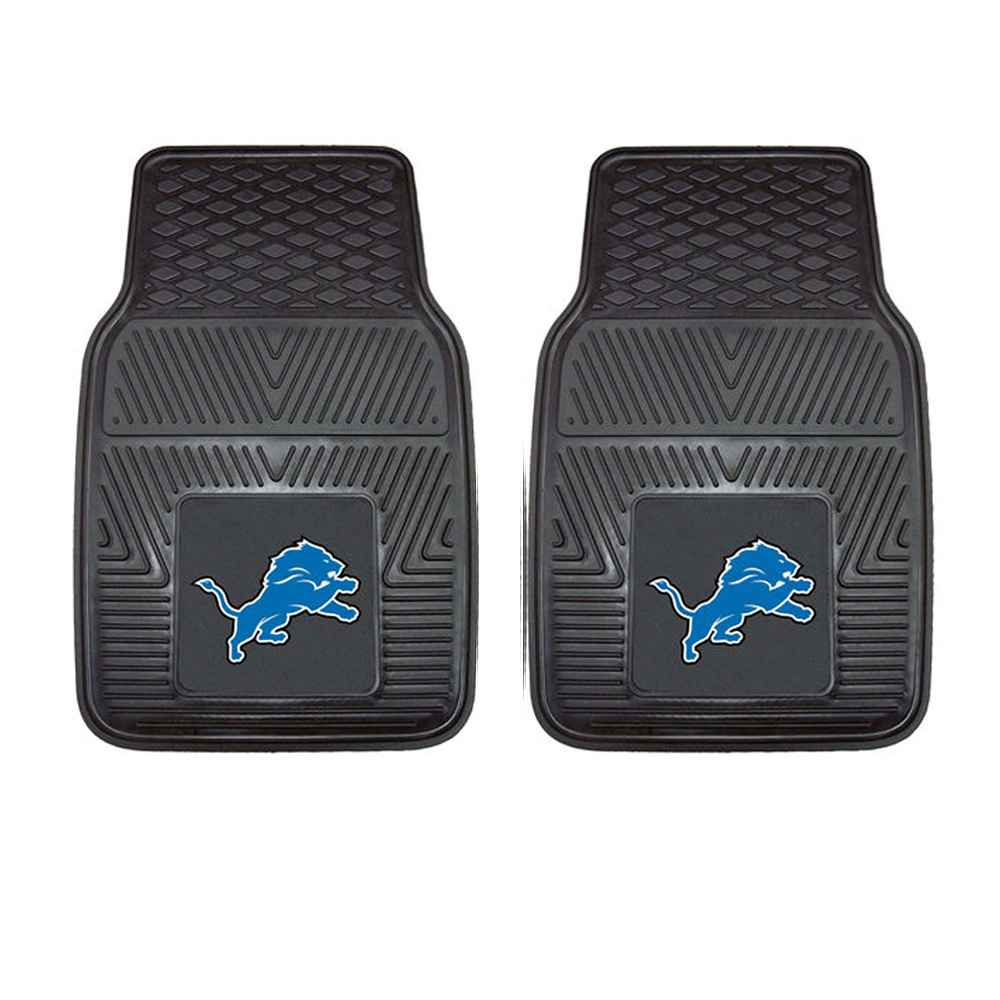 NFL 2-PC Vinyl Car Mat Set featuring colorful team logos and heavy-duty construction, designed to protect vehicle flooring.