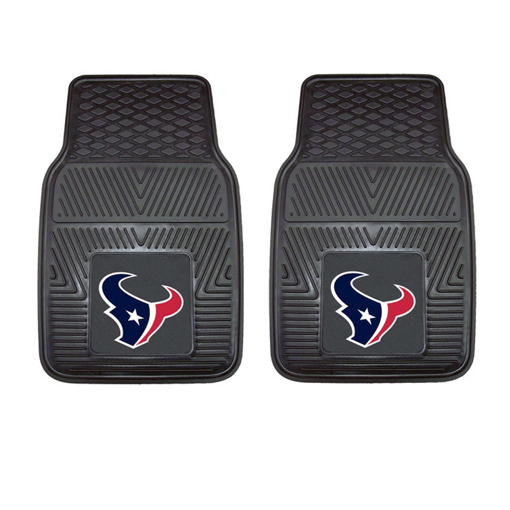 NFL 2-PC Vinyl Car Mat Set featuring colorful team logos and heavy-duty construction, designed to protect vehicle flooring.