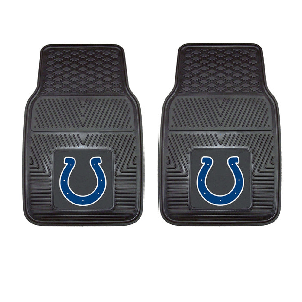 NFL 2-PC Vinyl Car Mat Set featuring colorful team logos and heavy-duty construction, designed to protect vehicle flooring.