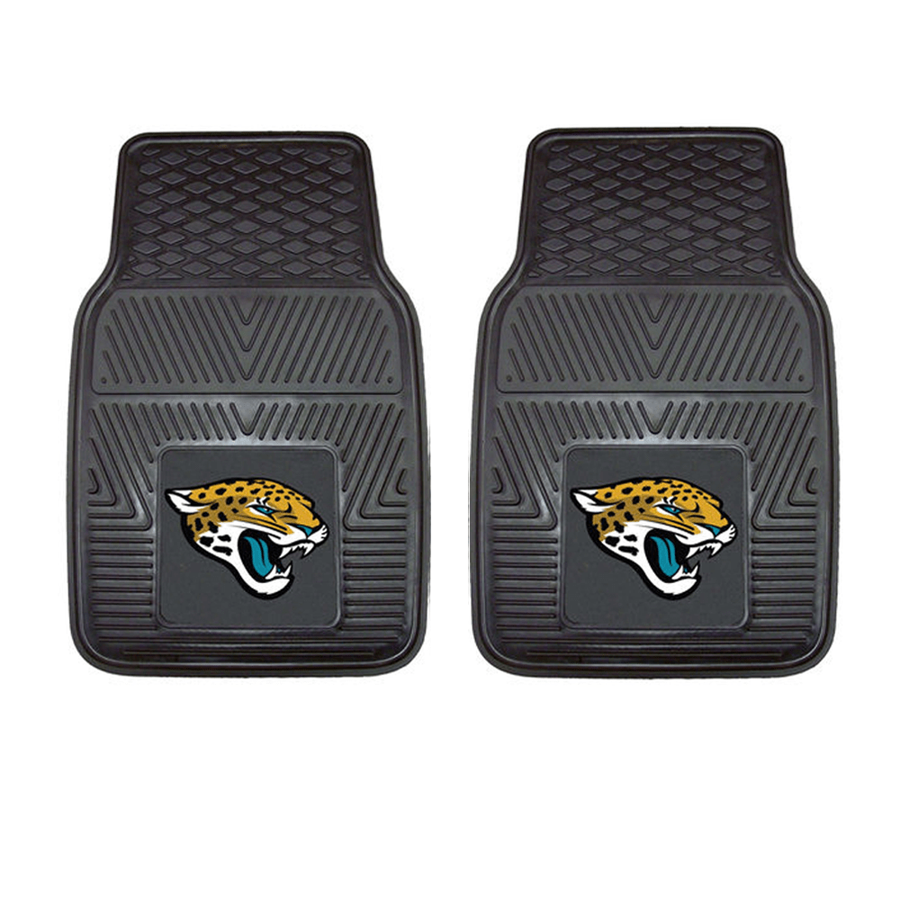 NFL 2-PC Vinyl Car Mat Set featuring colorful team logos and heavy-duty construction, designed to protect vehicle flooring.