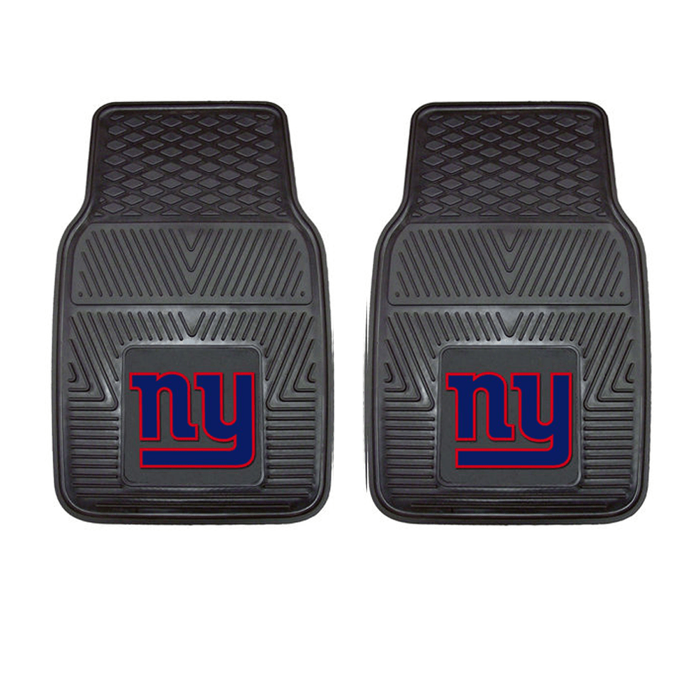 NFL 2-PC Vinyl Car Mat Set featuring colorful team logos and heavy-duty construction, designed to protect vehicle flooring.