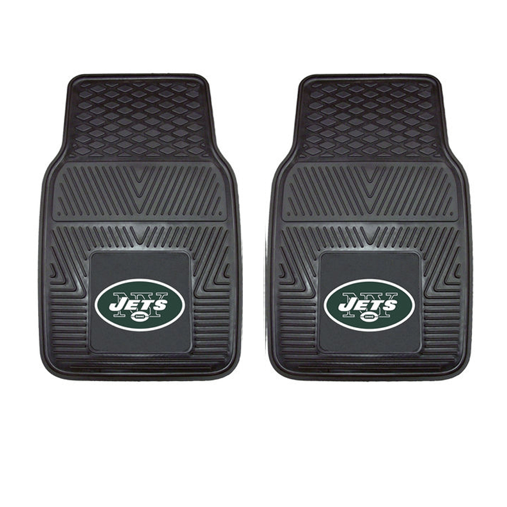 NFL 2-PC Vinyl Car Mat Set featuring colorful team logos and heavy-duty construction, designed to protect vehicle flooring.