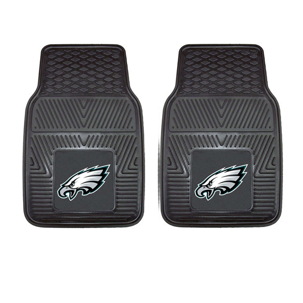 NFL 2-PC Vinyl Car Mat Set featuring colorful team logos and heavy-duty construction, designed to protect vehicle flooring.