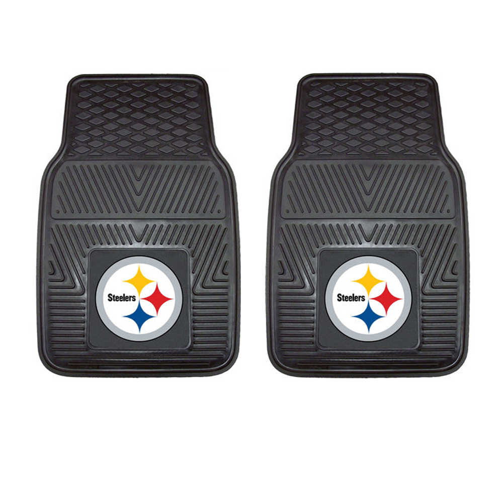 NFL 2-PC Vinyl Car Mat Set featuring colorful team logos and heavy-duty construction, designed to protect vehicle flooring.