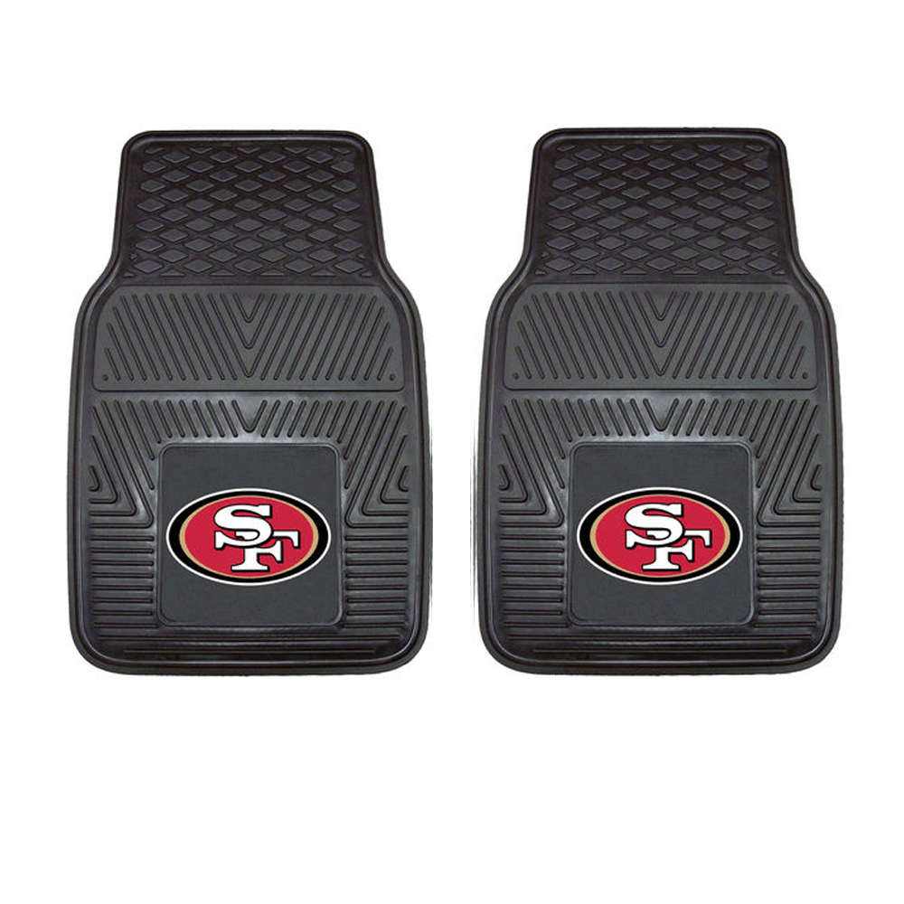 NFL 2-PC Vinyl Car Mat Set featuring colorful team logos and heavy-duty construction, designed to protect vehicle flooring.