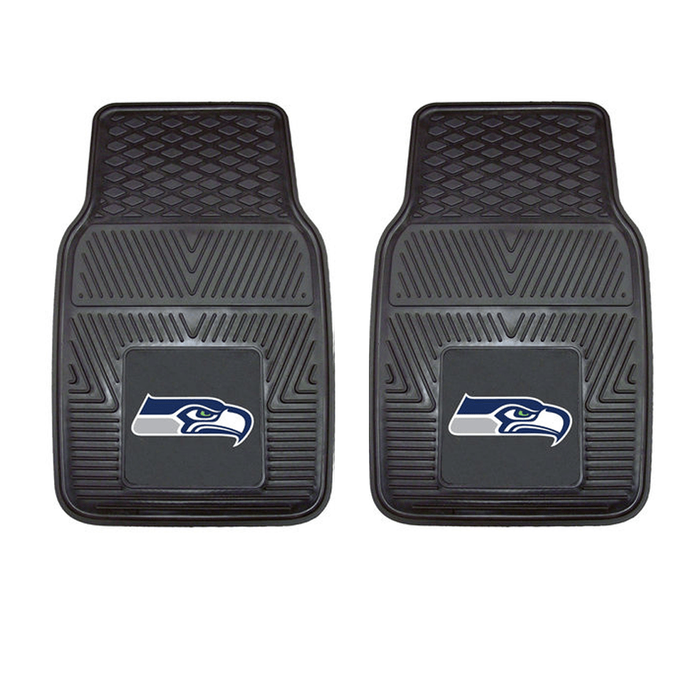 NFL 2-PC Vinyl Car Mat Set featuring colorful team logos and heavy-duty construction, designed to protect vehicle flooring.