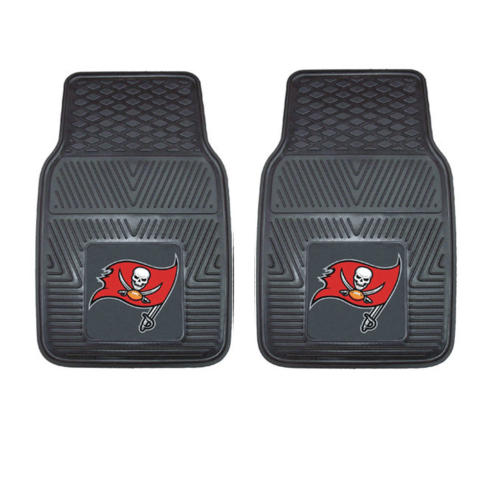 NFL 2-PC Vinyl Car Mat Set featuring colorful team logos and heavy-duty construction, designed to protect vehicle flooring.