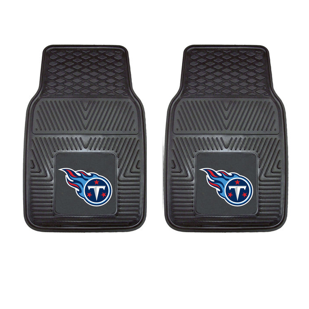 NFL 2-PC Vinyl Car Mat Set featuring colorful team logos and heavy-duty construction, designed to protect vehicle flooring.