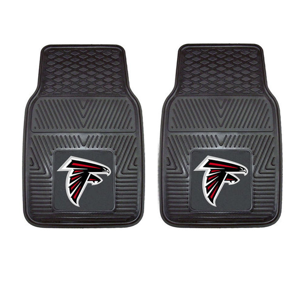 NFL 2-PC Vinyl Car Mat Set featuring colorful team logos and heavy-duty construction, designed to protect vehicle flooring.