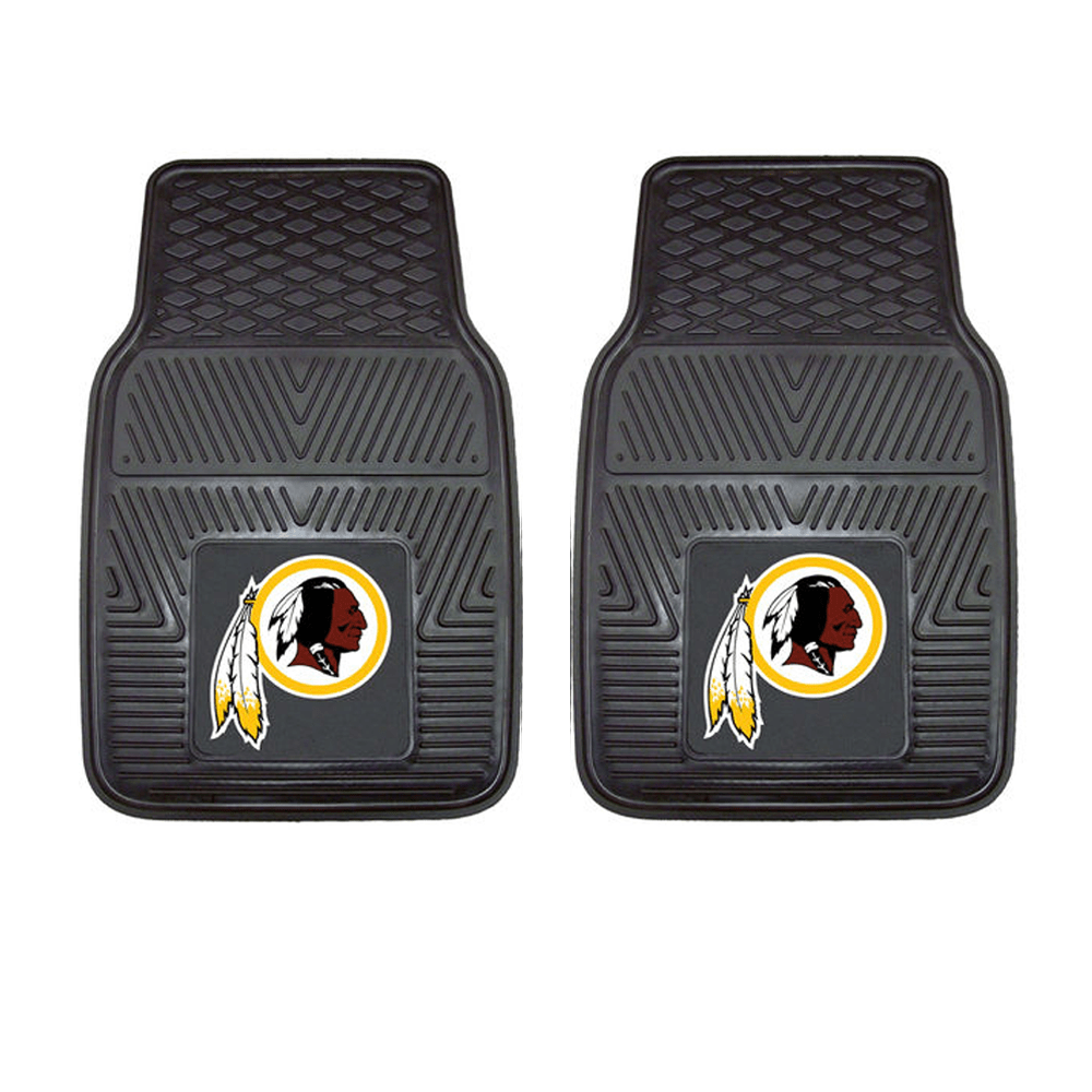 NFL 2-PC Vinyl Car Mat Set featuring colorful team logos and heavy-duty construction, designed to protect vehicle flooring.