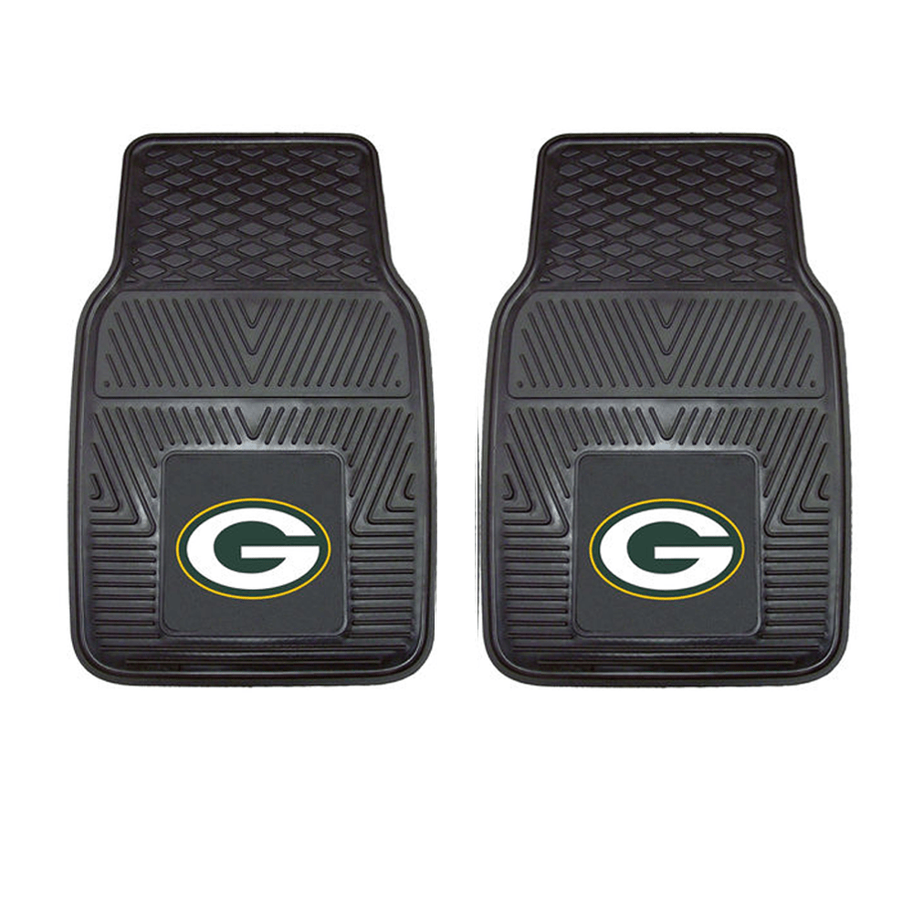 NFL 2-PC Vinyl Car Mat Set featuring colorful team logos and heavy-duty construction, designed to protect vehicle flooring.