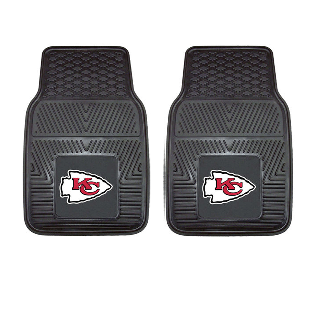 NFL 2-PC Vinyl Car Mat Set featuring colorful team logos and heavy-duty construction, designed to protect vehicle flooring.