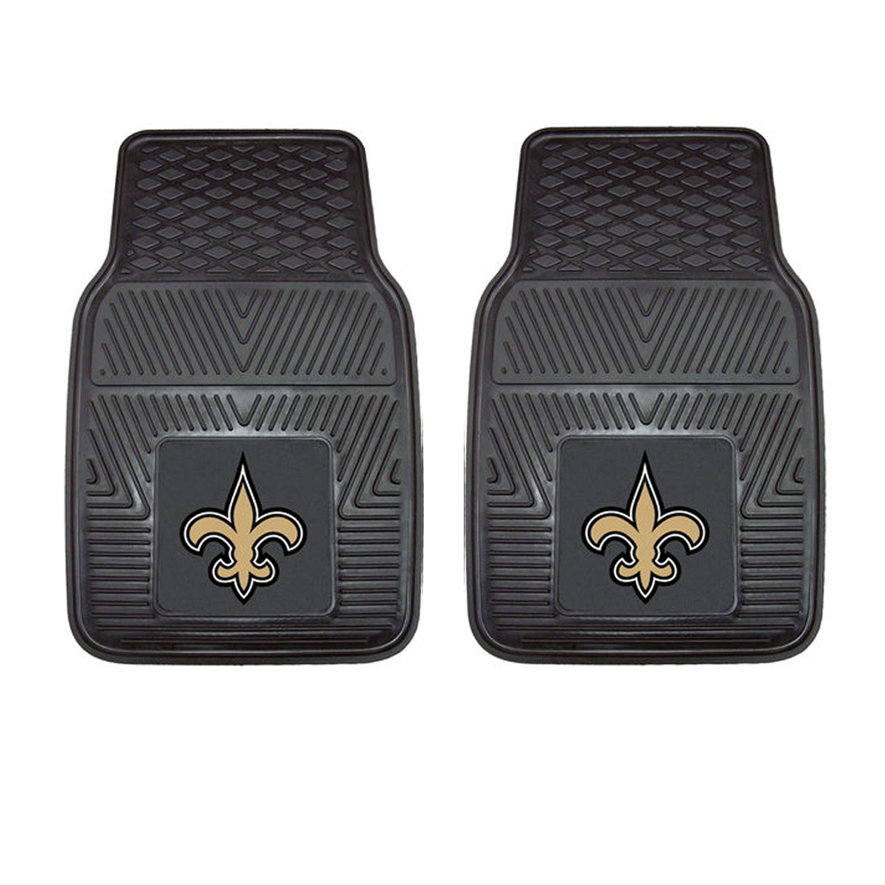 NFL 2-PC Vinyl Car Mat Set featuring colorful team logos and heavy-duty construction, designed to protect vehicle flooring.