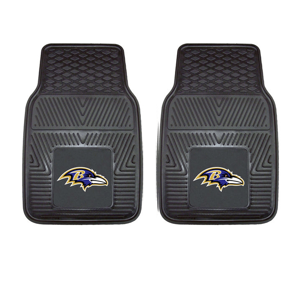 NFL 2-PC Vinyl Car Mat Set featuring colorful team logos and heavy-duty construction, designed to protect vehicle flooring.