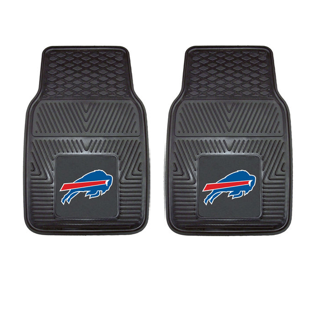 NFL 2-PC Vinyl Car Mat Set featuring colorful team logos and heavy-duty construction, designed to protect vehicle flooring.