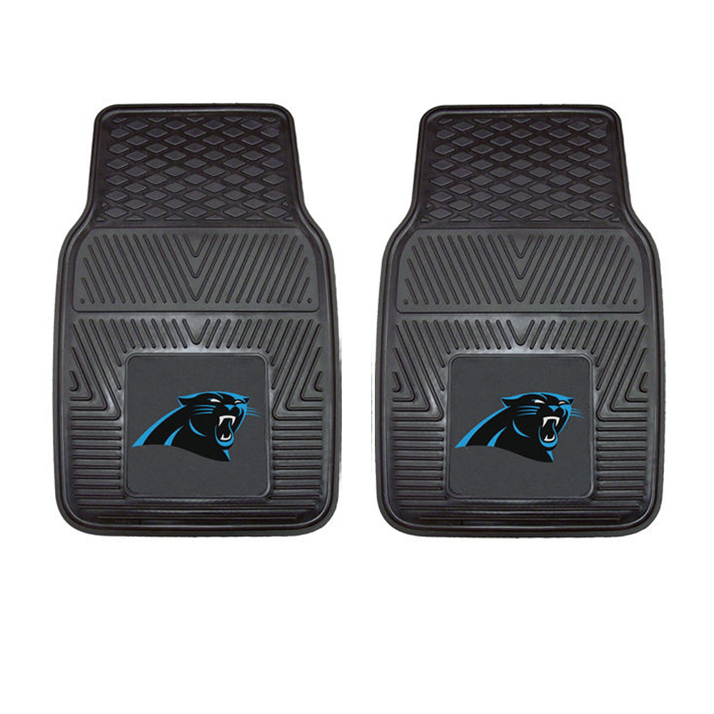 NFL 2-PC Vinyl Car Mat Set featuring colorful team logos and heavy-duty construction, designed to protect vehicle flooring.