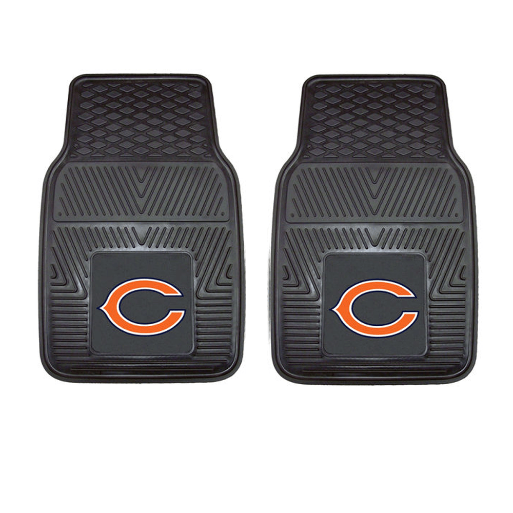 NFL 2-PC Vinyl Car Mat Set featuring colorful team logos and heavy-duty construction, designed to protect vehicle flooring.