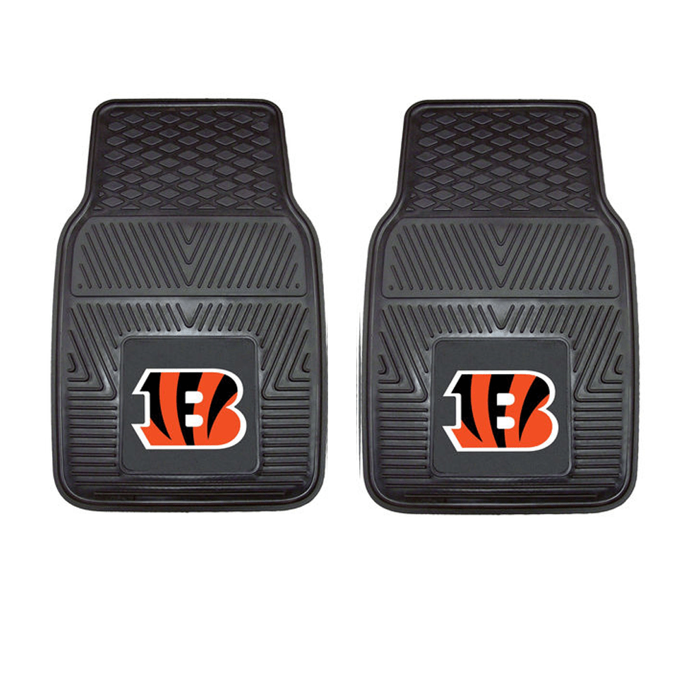 NFL 2-PC Vinyl Car Mat Set featuring colorful team logos and heavy-duty construction, designed to protect vehicle flooring.