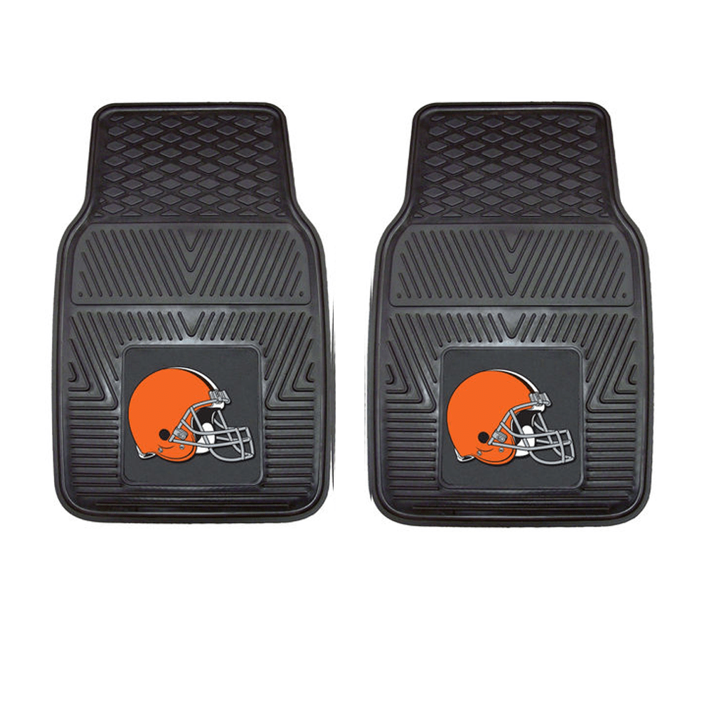 NFL 2-PC Vinyl Car Mat Set featuring colorful team logos and heavy-duty construction, designed to protect vehicle flooring.