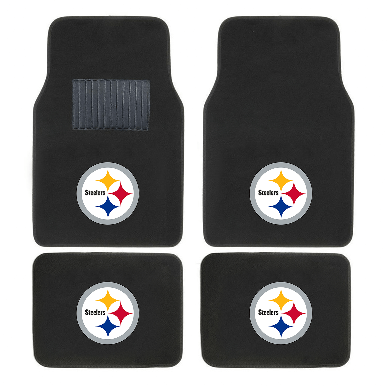 NFL 4-PC Embroidered Logo Car Floor Mat Set featuring vibrant team logos and durable design, perfect for protecting vehicle interiors.