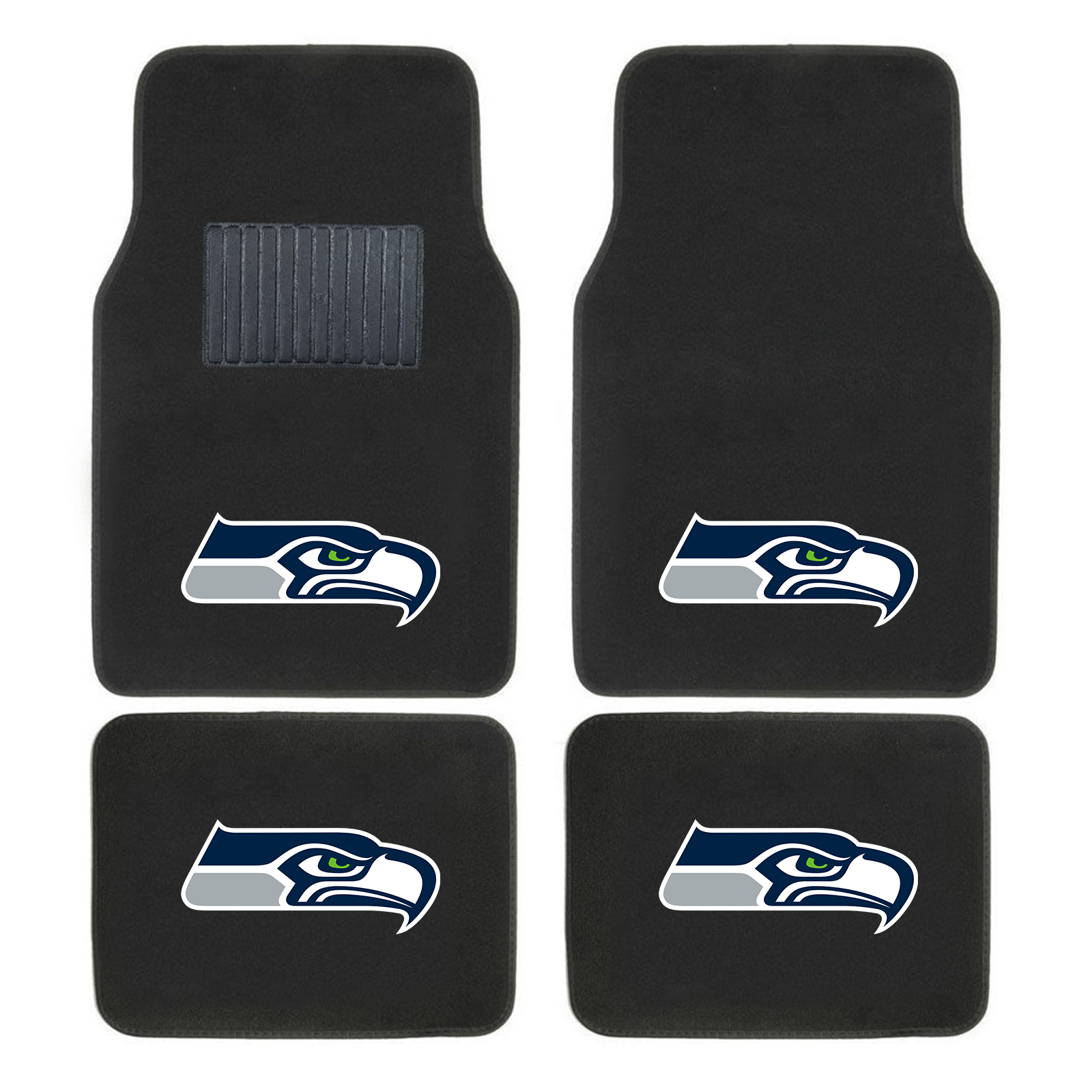 NFL 4-PC Embroidered Logo Car Floor Mat Set featuring vibrant team logos and durable design, perfect for protecting vehicle interiors.