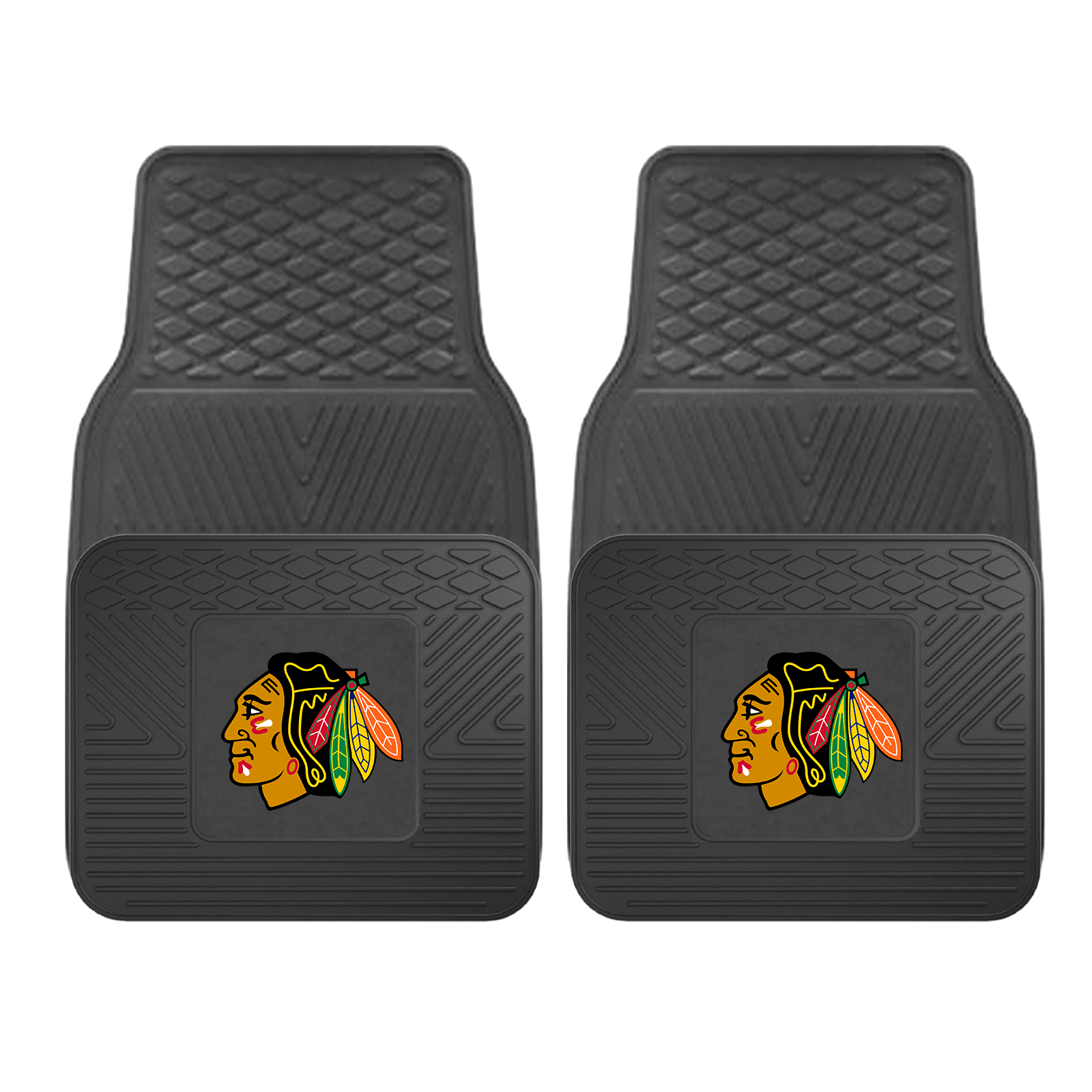 NHL 2-PC Vinyl Car Mat Set featuring vibrant team logos and heavy-duty construction, designed to protect vehicle flooring.