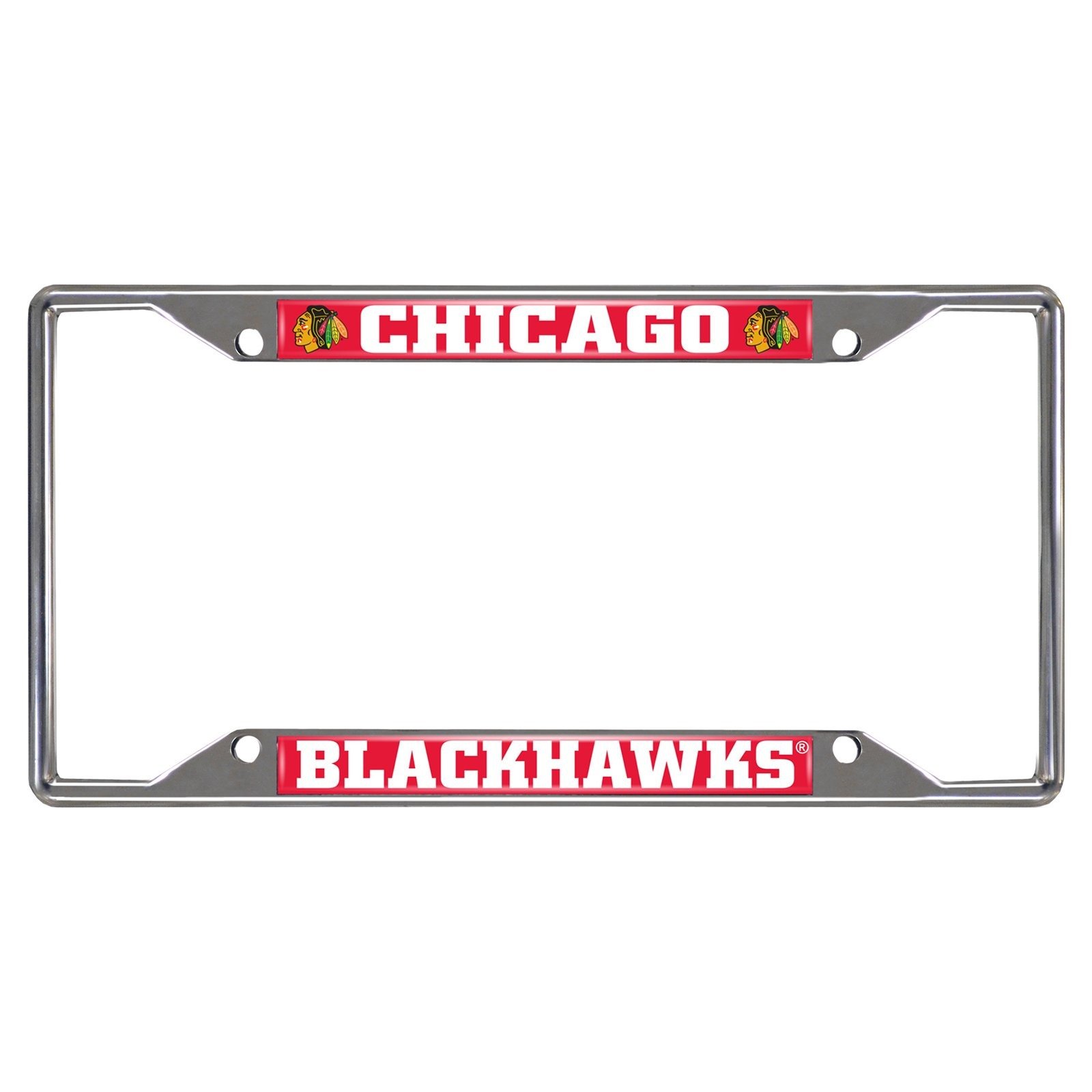 NHL Car License Plate Frame featuring chrome metal with vibrant team logo and name, designed to fit standard license plates.