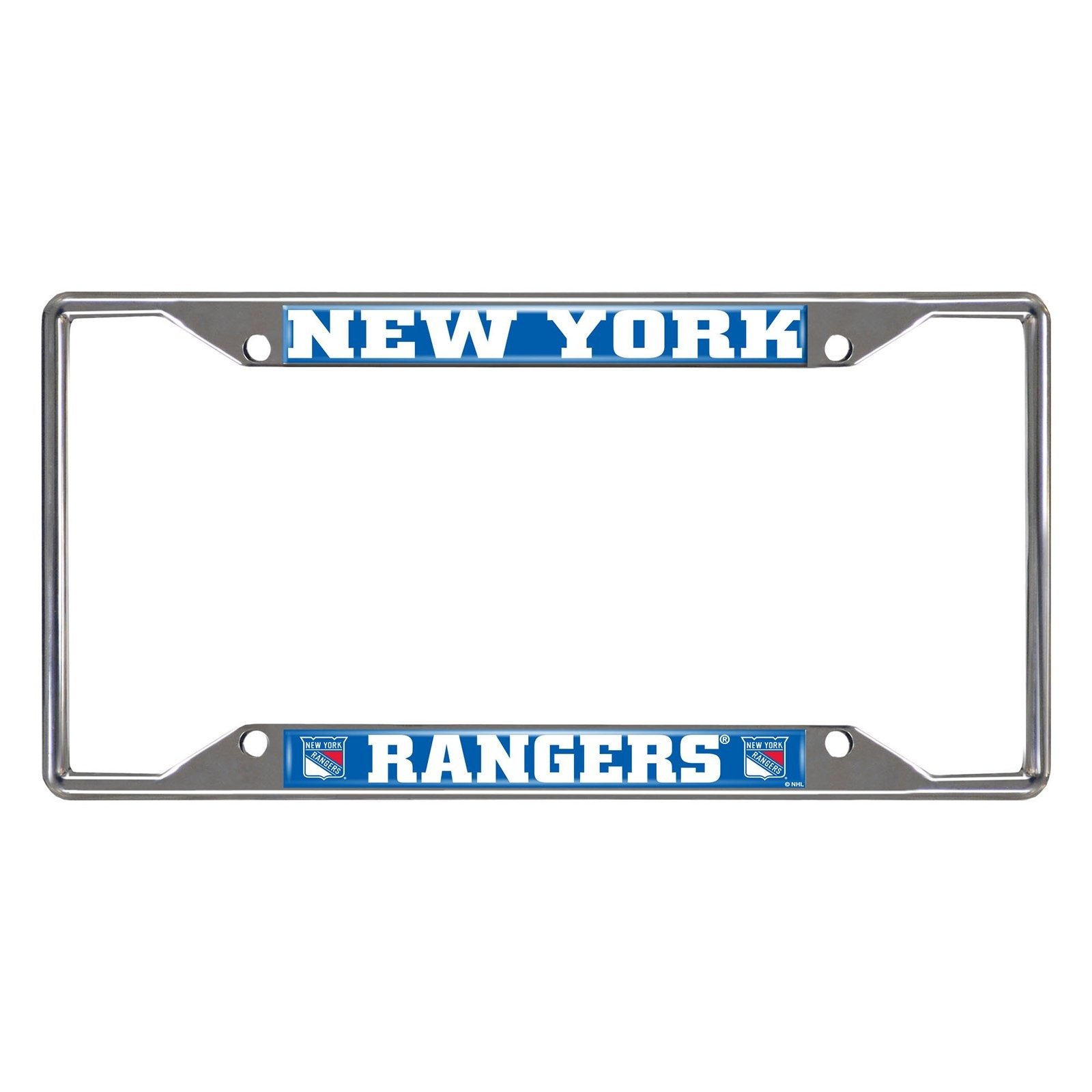 NHL Car License Plate Frame featuring chrome metal with vibrant team logo and name, designed to fit standard license plates.