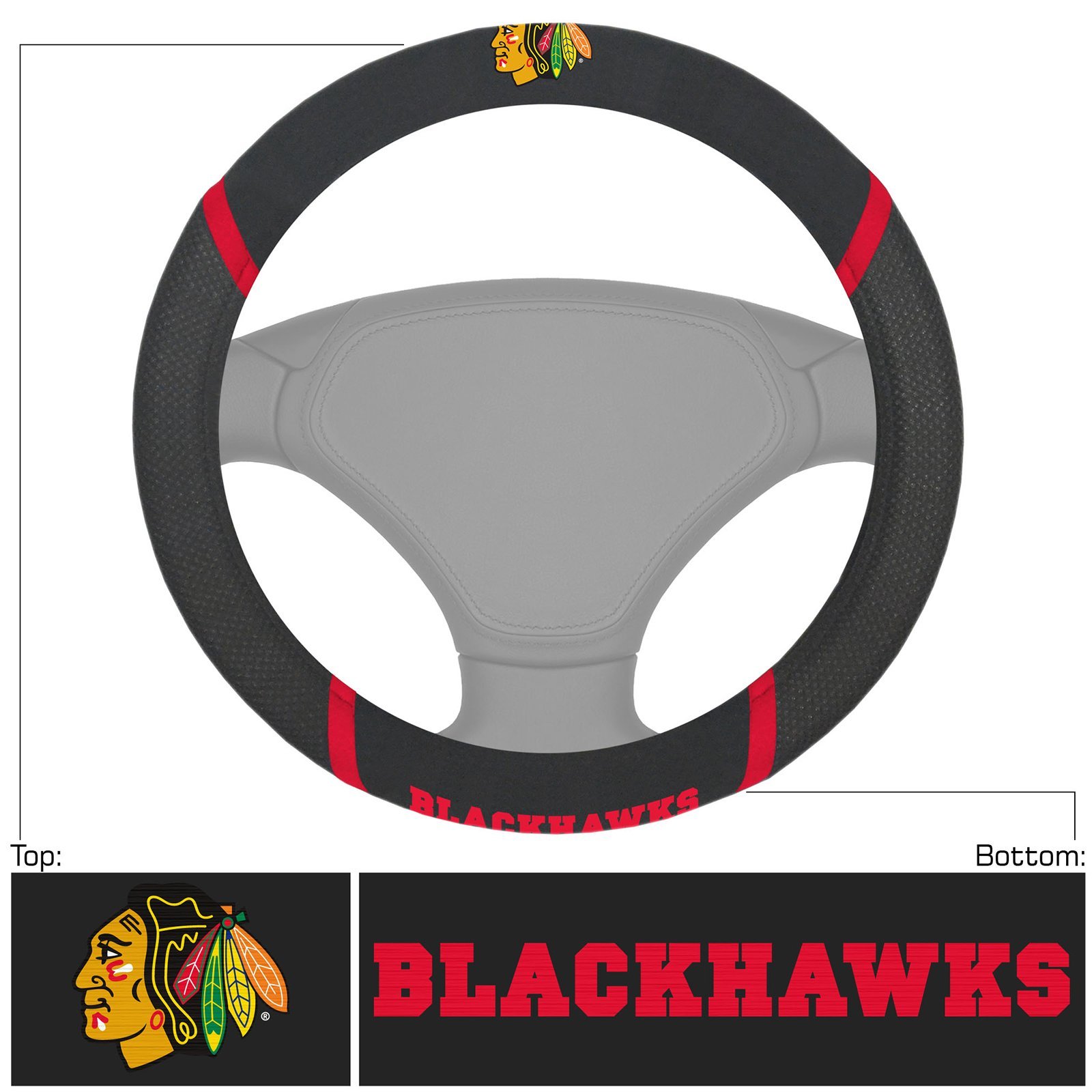 NHL Car Steering Wheel Cover featuring embroidered team logo and faux suede material, designed for comfort and style.