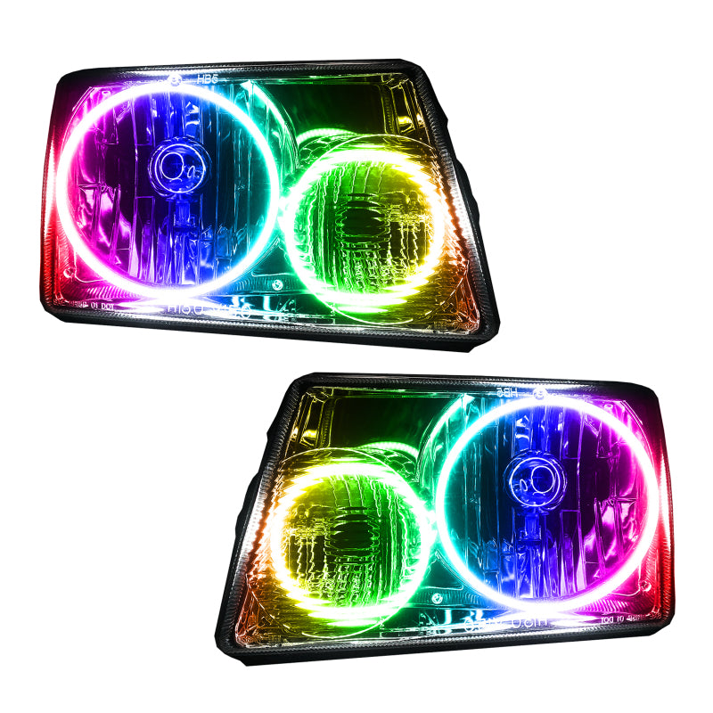 Oracle 01-11 Ford Ranger SMD headlights with ColorSHIFT halo rings and 2.0 controller, showcasing chrome and black housing options.