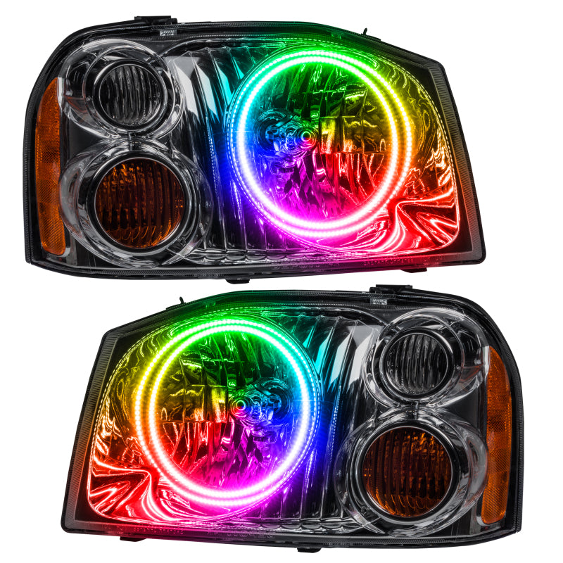 Oracle 01-04 Nissan Frontier SMD headlights featuring dual halo and ColorSHIFT technology in Chrome and Black housing.