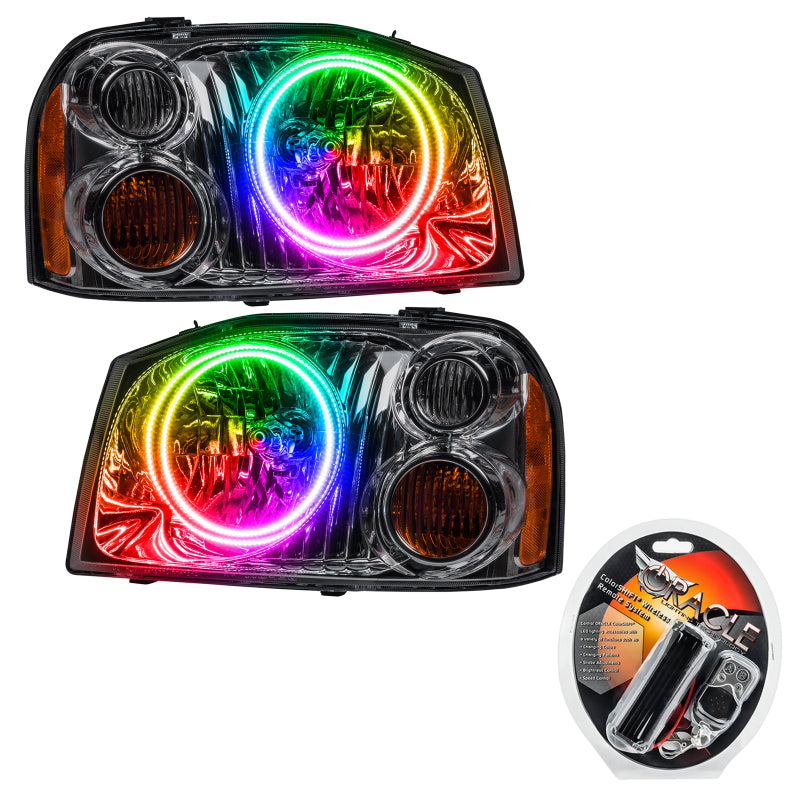 Oracle 01-04 Nissan Frontier SMD headlights with dual halo and ColorSHIFT technology, showcasing Chrome and Black housing options.