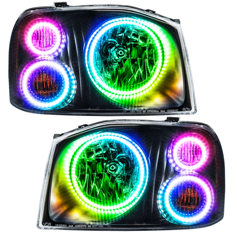 Oracle 01-04 Nissan Frontier SMD headlights featuring Triple Halo and ColorSHIFT technology in Chrome and Black housing.