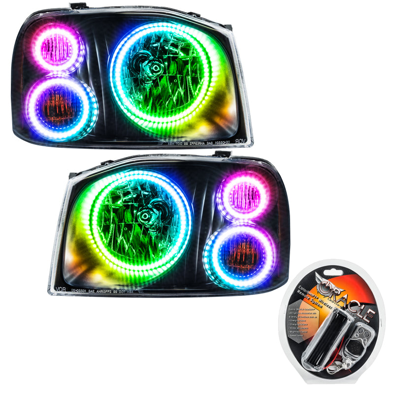 Oracle 01-04 Nissan Frontier SMD headlights featuring Triple Halo and ColorSHIFT technology, showcasing Chrome and Black housing options.