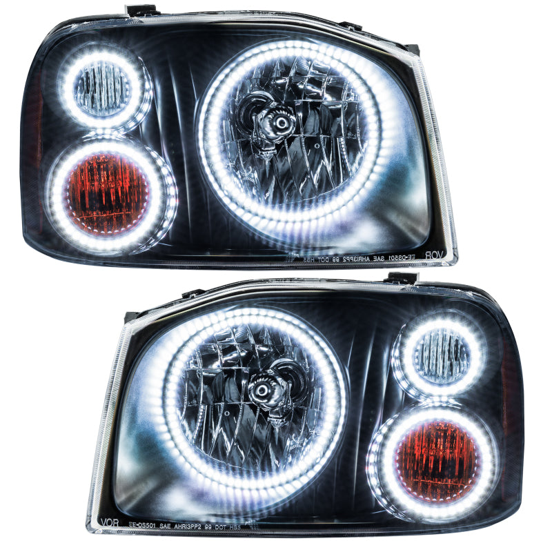 Oracle 01-04 Nissan Frontier SMD headlights with triple halo rings in white, showcasing chrome and black housing options.