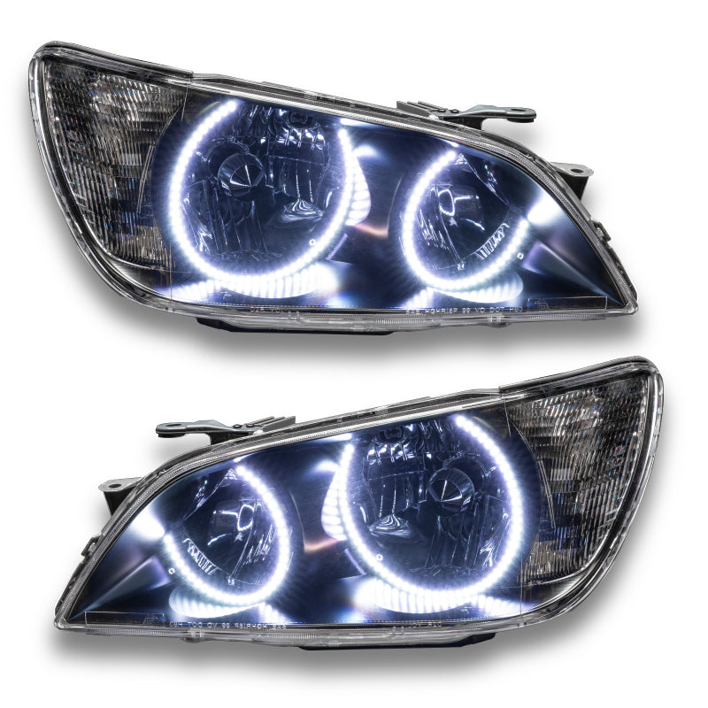 Oracle 01-05 Lexus IS300 SMD headlights in black housing with white halo rings, showcasing a modern design for enhanced visibility.