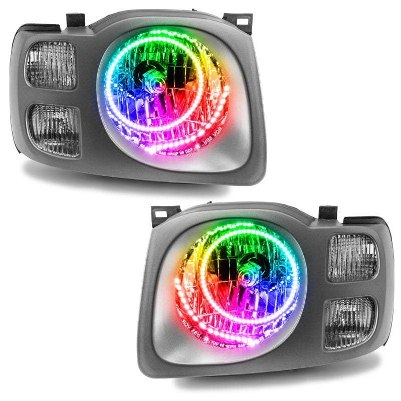 Oracle 02-04 Nissan Xterra SE SMD headlights with ColorSHIFT halo rings and 2.0 controller, showcasing chrome and black housing options.