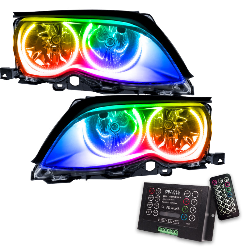 Oracle 02-05 BMW 3 Series SMD headlights in black with ColorSHIFT technology, showcasing professional halo installation.