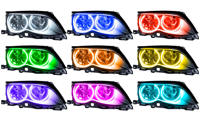 Oracle 02-05 BMW 3 Series SMD headlights in black with ColorSHIFT technology, showcasing professional halo installation.